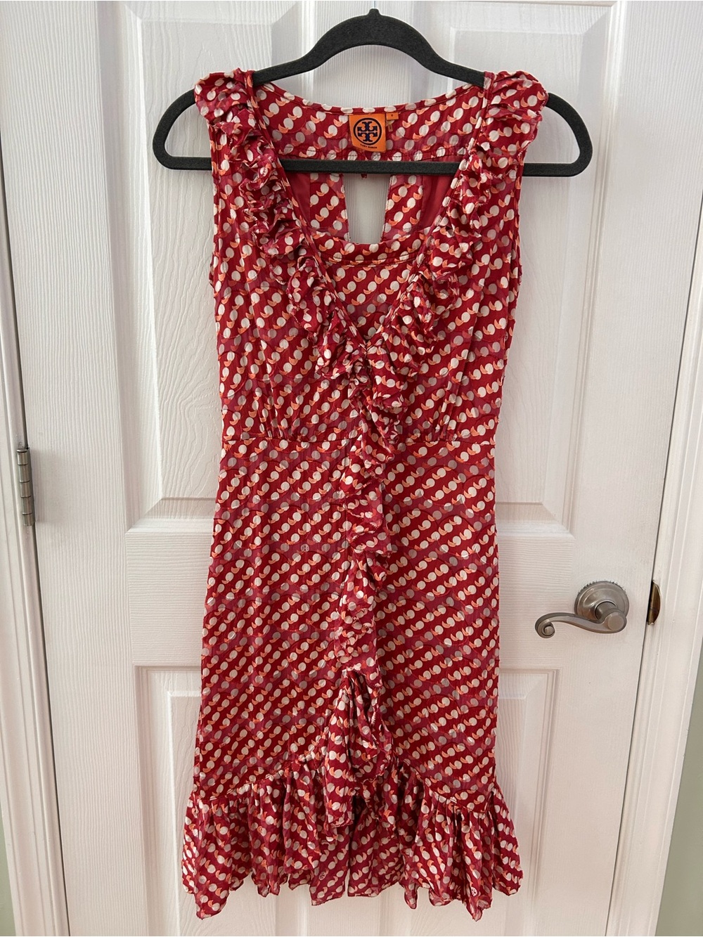 Tory Burch Janetta Red Polka Dot Ruffle Midi Dress